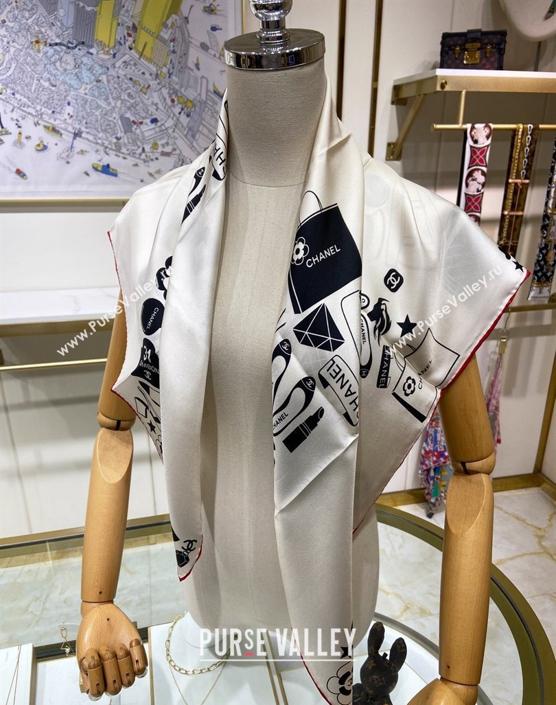 Chanel Silk Square Scarf 90x90cm White 2024 040801 (A-240408002)