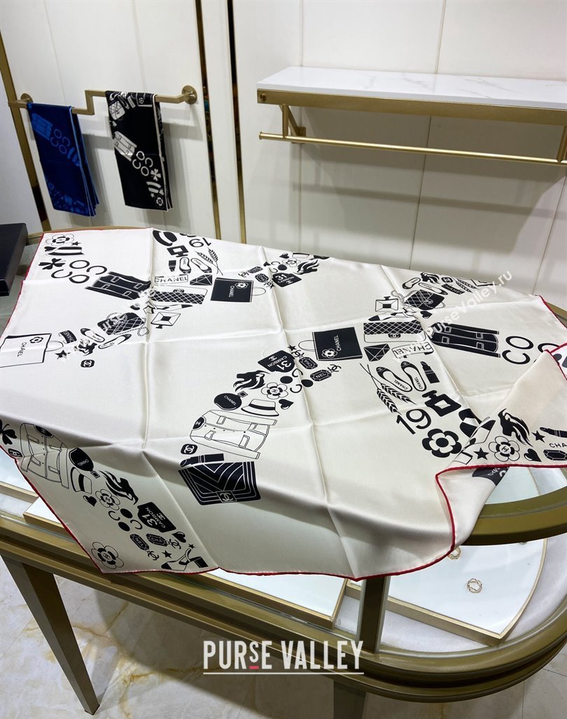 Chanel Silk Square Scarf 90x90cm White 2024 040801 (A-240408002)