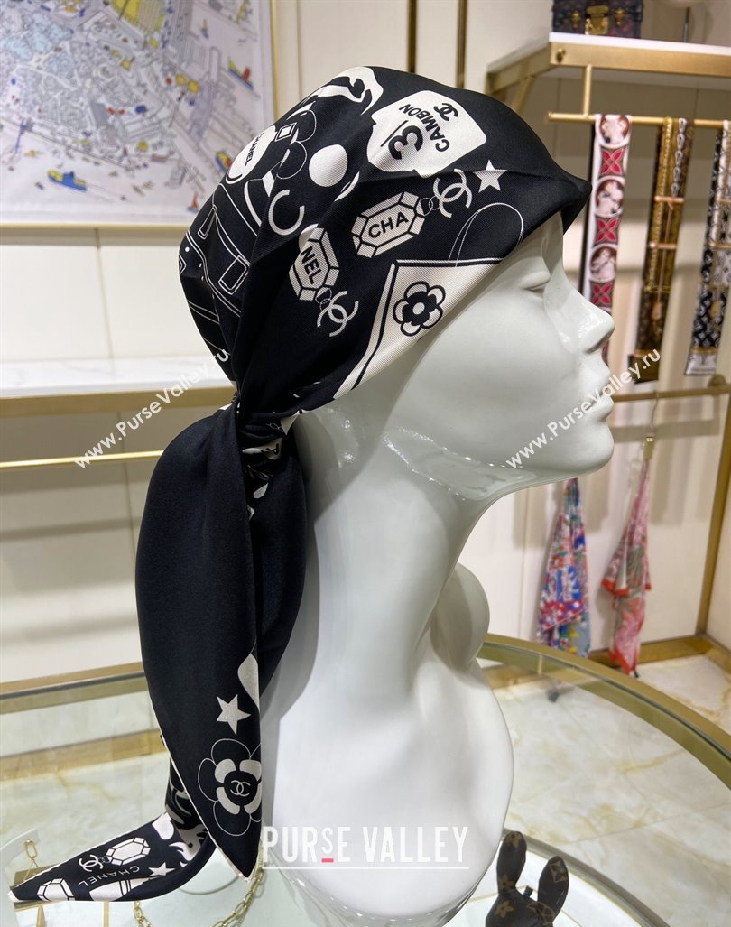 Chanel Silk Square Scarf 90x90cm Black 2024 040801 (A-240408003)