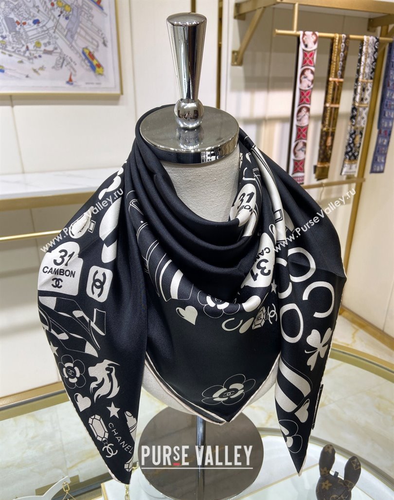 Chanel Silk Square Scarf 90x90cm Black 2024 040801 (A-240408003)