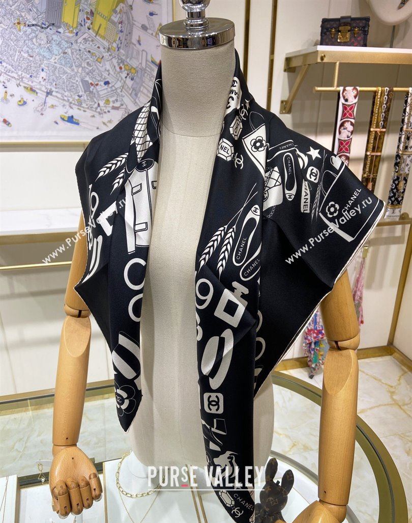 Chanel Silk Square Scarf 90x90cm Black 2024 040801 (A-240408003)