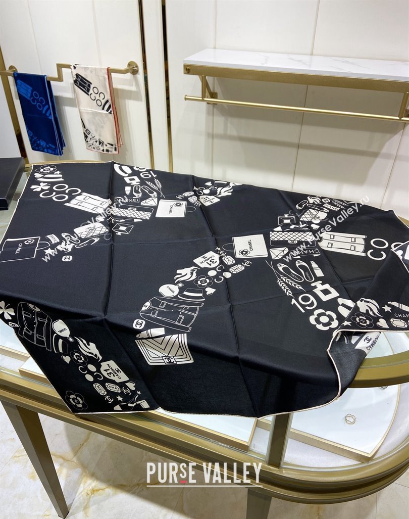 Chanel Silk Square Scarf 90x90cm Black 2024 040801 (A-240408003)