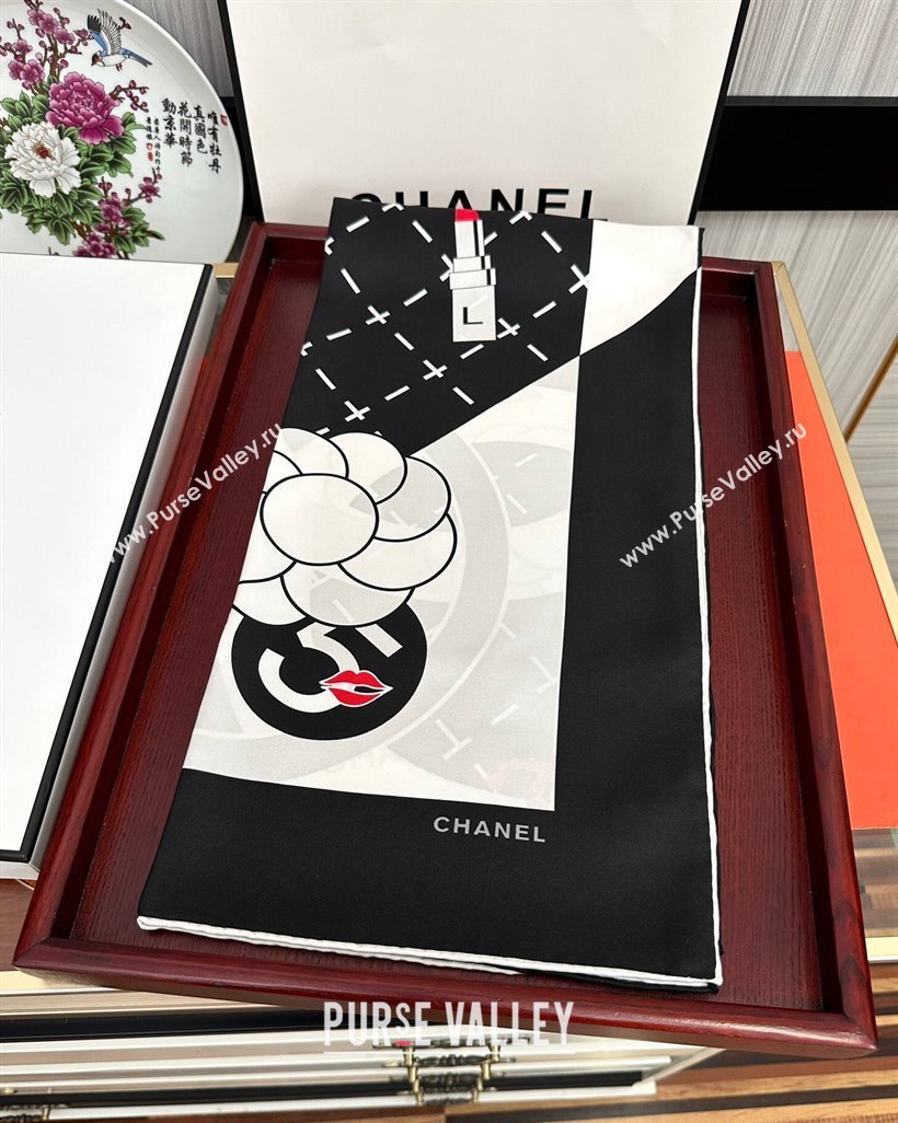 Chanel Camellia Silk Square Scarf 90x90cm Black 2024 040301 (A-240403162)