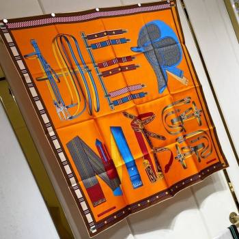Hermes Lettres Equestre Sqaure Scarf 90x90cm Orange 2024 (A-240407001)