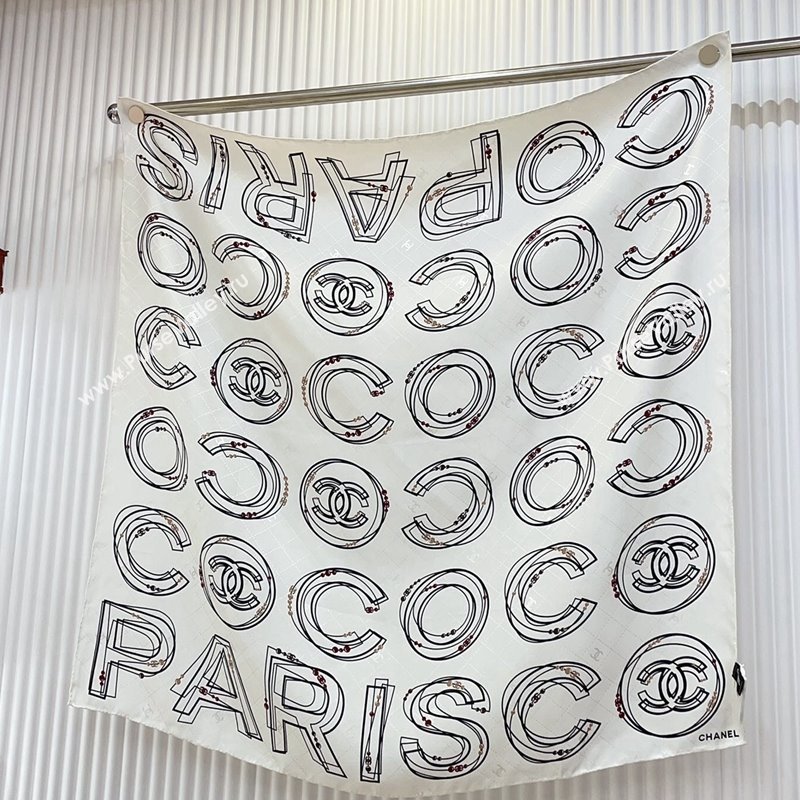 Chanel Silk Square Scarf 90x90cm COCO White 2024 0408 (A-240408009)