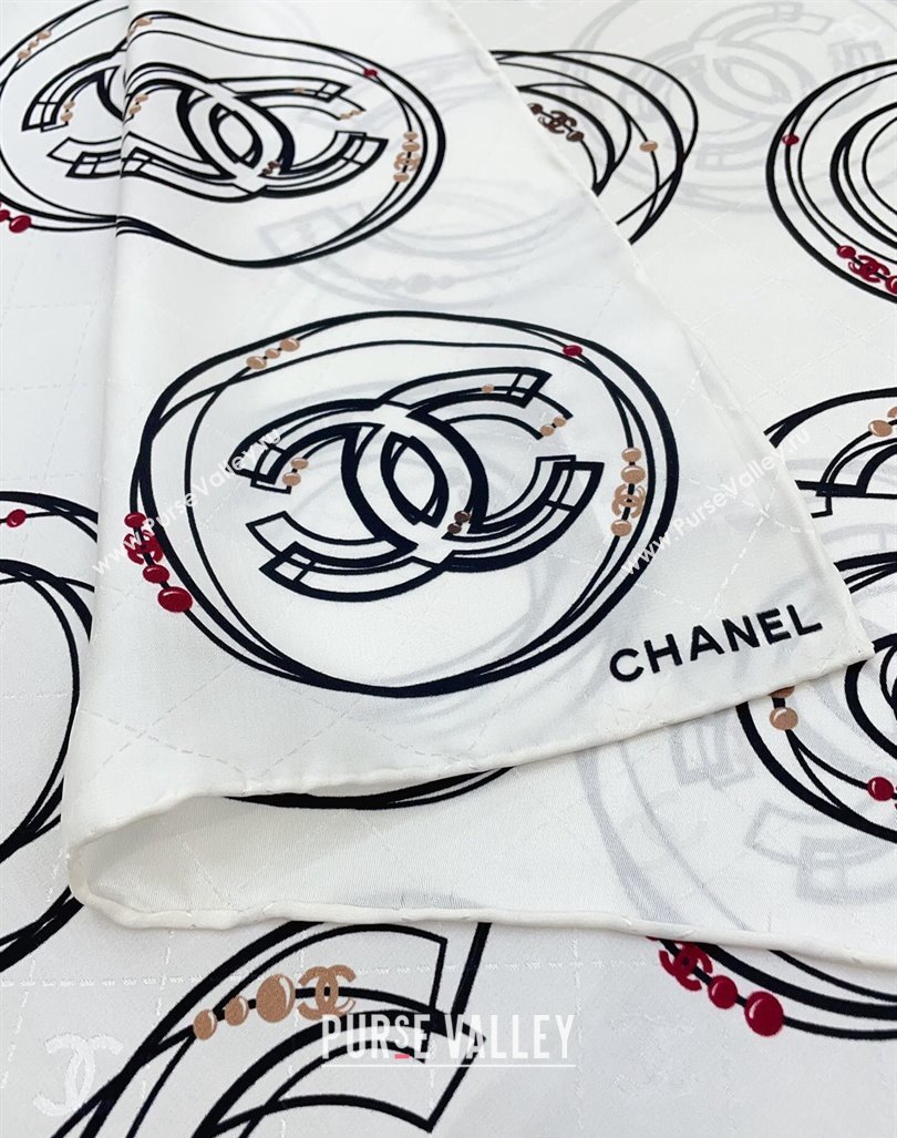 Chanel Silk Square Scarf 90x90cm COCO White 2024 0408 (A-240408009)