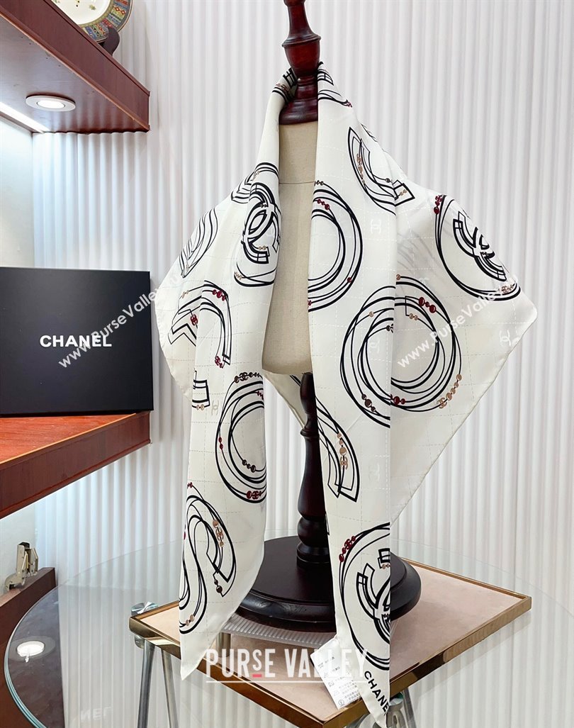Chanel Silk Square Scarf 90x90cm COCO White 2024 0408 (A-240408009)