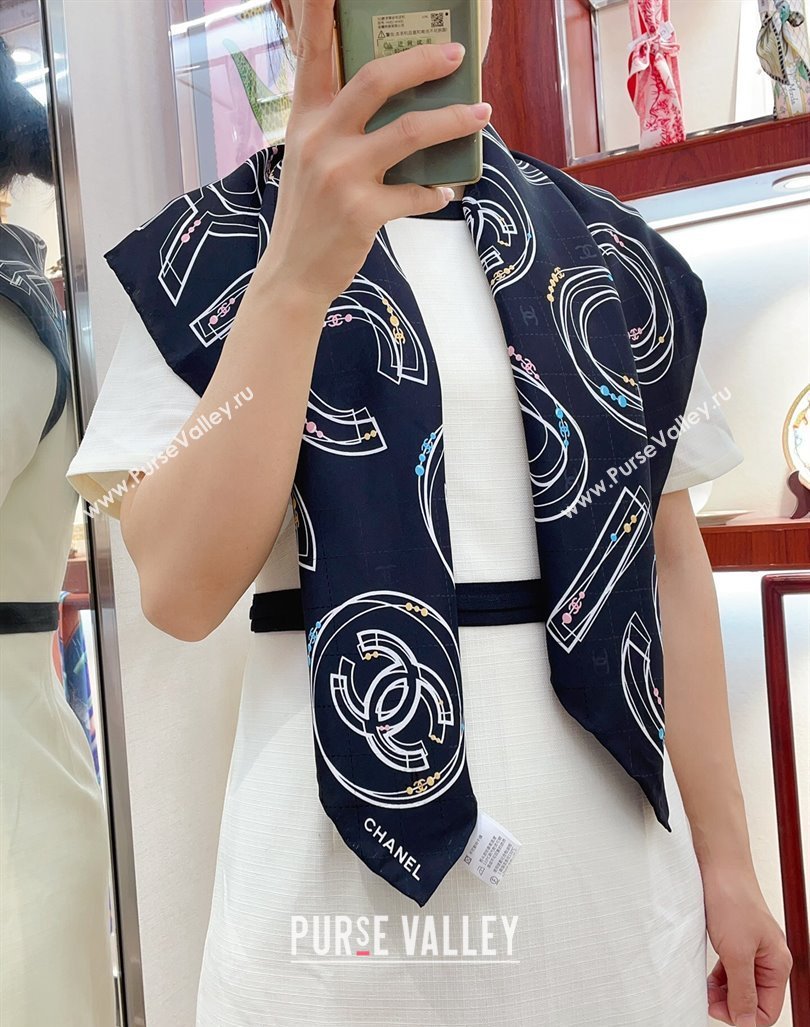 Chanel Silk Square Scarf 90x90cm COCO Black 2024 0408 (A-240408010)