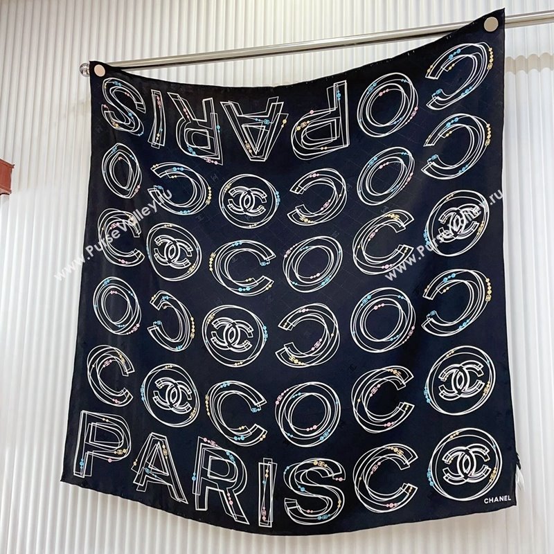Chanel Silk Square Scarf 90x90cm COCO Black 2024 0408 (A-240408010)