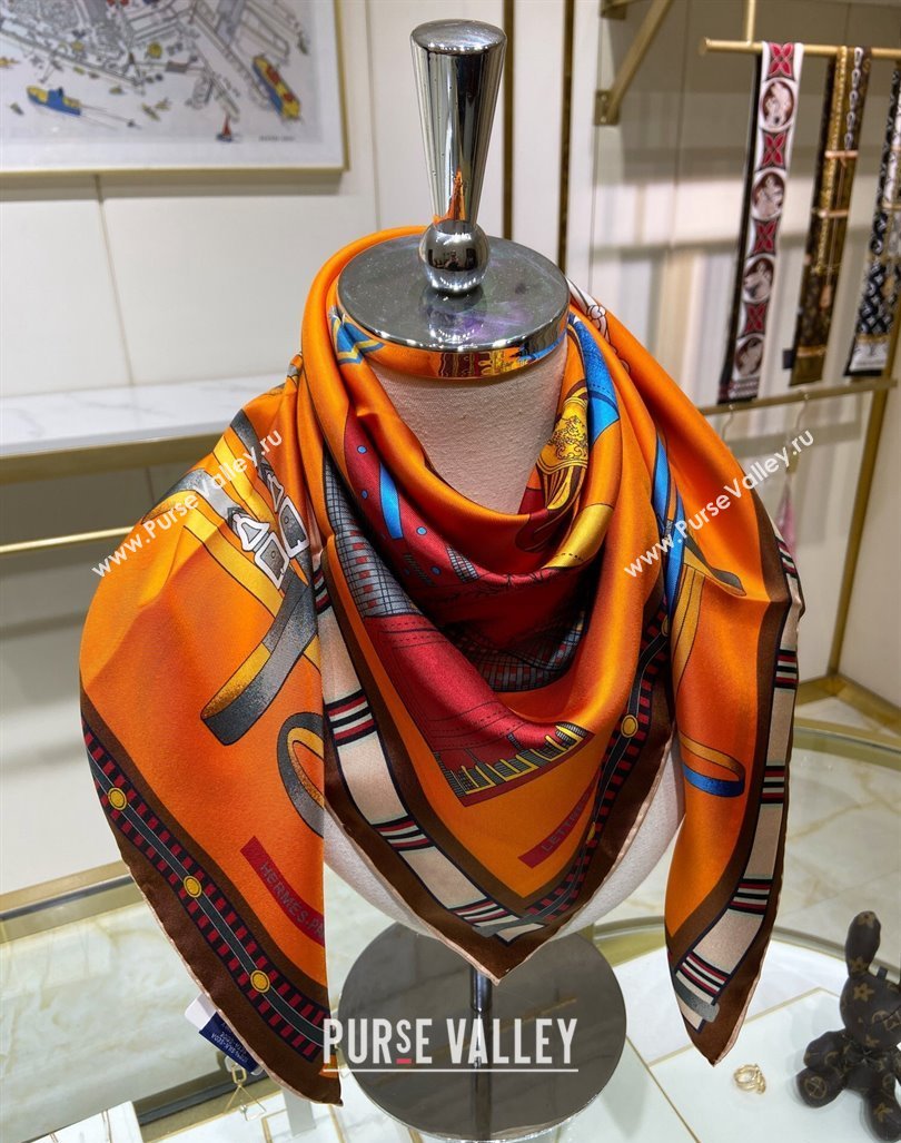 Hermes Lettres Equestre Sqaure Scarf 90x90cm Orange 2024 (A-240407001)