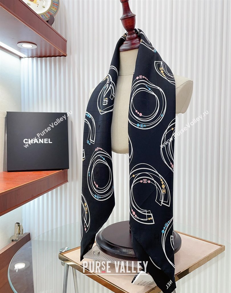 Chanel Silk Square Scarf 90x90cm COCO Black 2024 0408 (A-240408010)