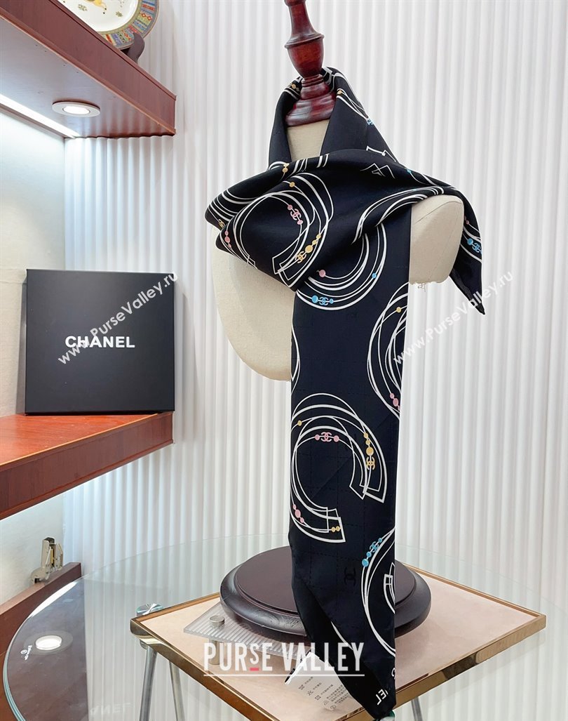 Chanel Silk Square Scarf 90x90cm COCO Black 2024 0408 (A-240408010)