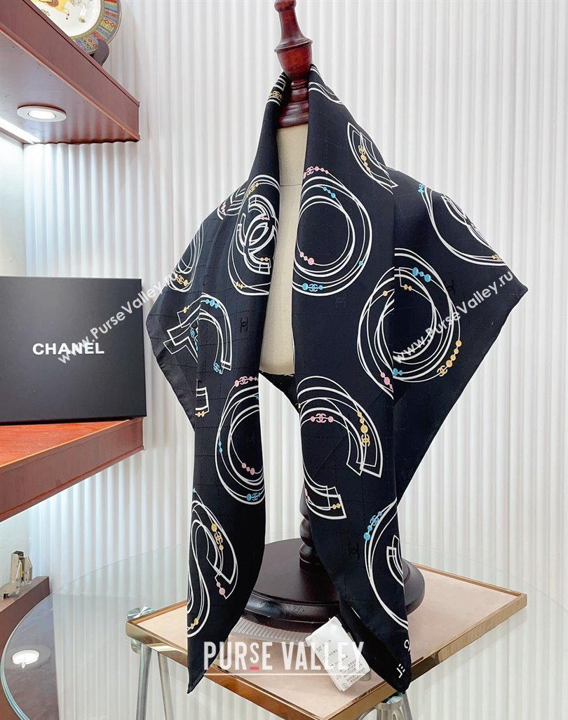 Chanel Silk Square Scarf 90x90cm COCO Black 2024 0408 (A-240408010)