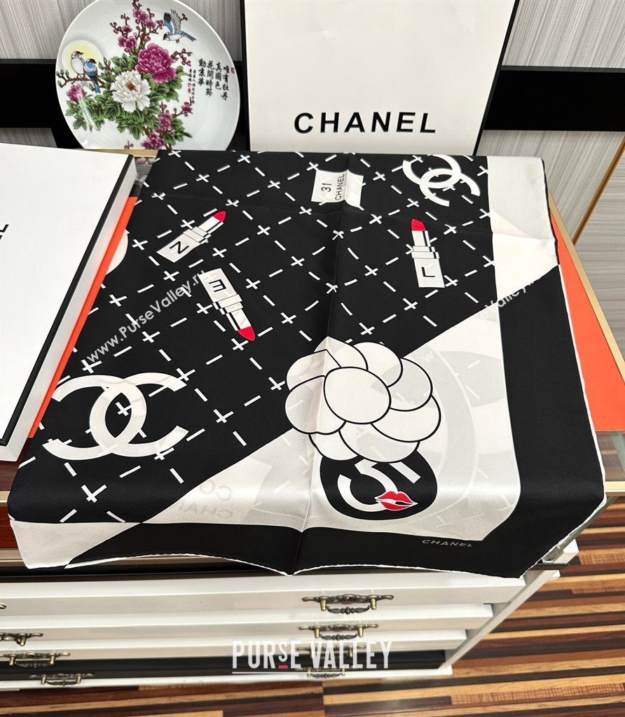 Chanel Camellia Silk Square Scarf 90x90cm Black 2024 040301 (A-240403162)