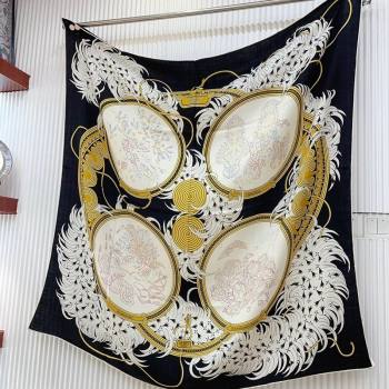 Hermes Embroidery Story Sqaure Shawl Scarf 140cm Black 2024 (A-240407024)