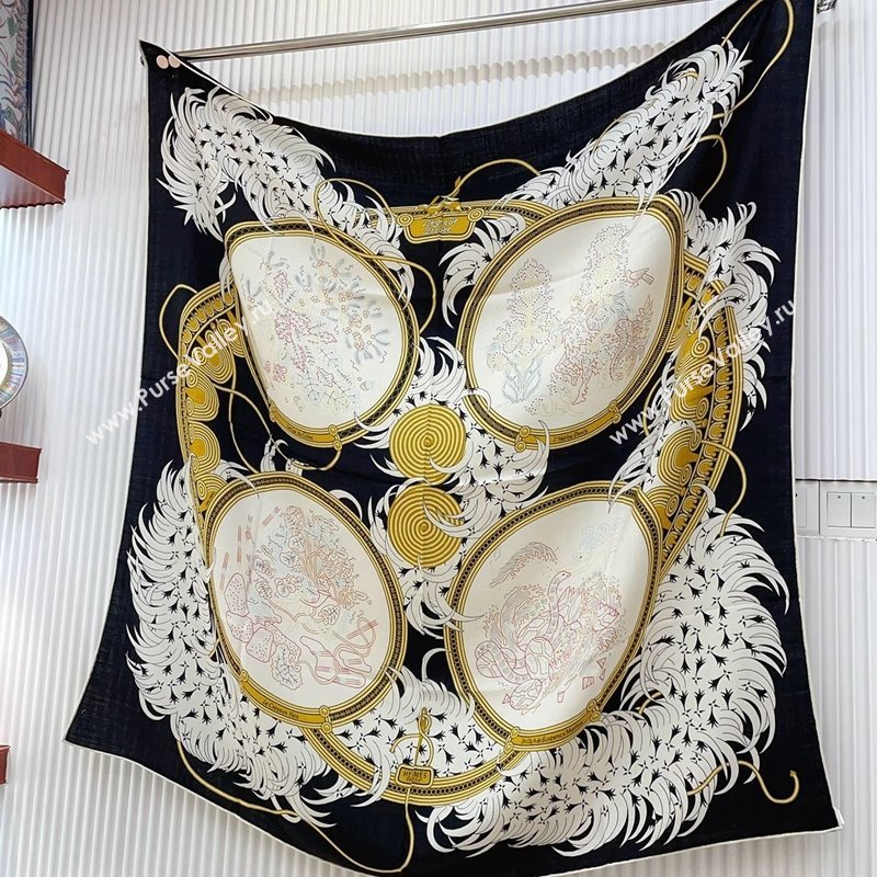 Hermes Embroidery Story Sqaure Shawl Scarf 140cm Black 2024 (A-240407024)