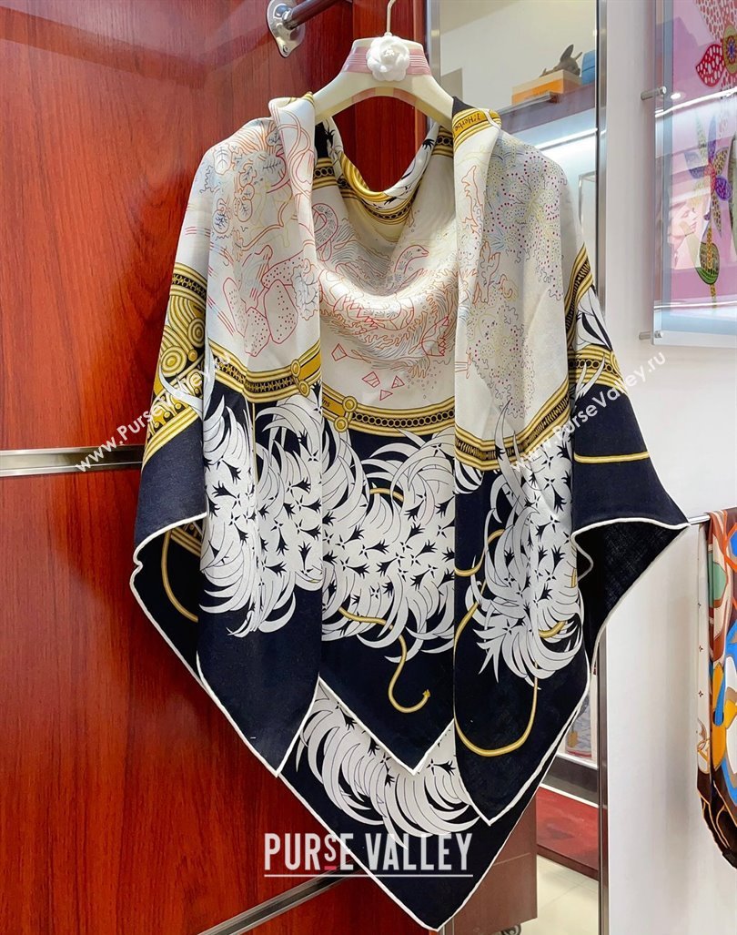 Hermes Embroidery Story Sqaure Shawl Scarf 140cm Black 2024 (A-240407024)