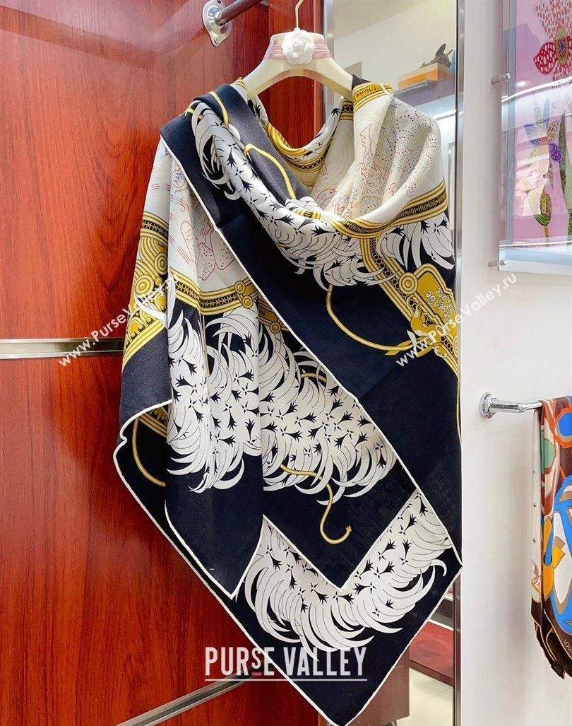 Hermes Embroidery Story Sqaure Shawl Scarf 140cm Black 2024 (A-240407024)