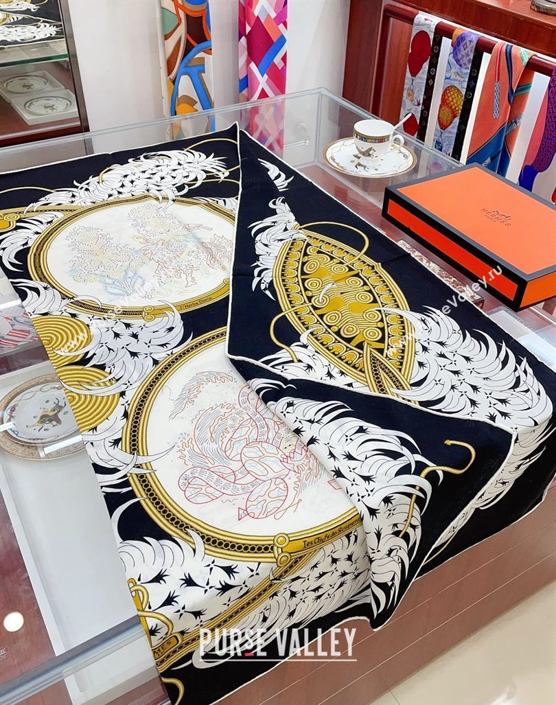 Hermes Embroidery Story Sqaure Shawl Scarf 140cm Black 2024 (A-240407024)