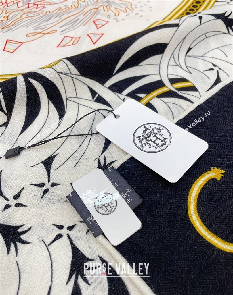 Hermes Embroidery Story Sqaure Shawl Scarf 140cm Black 2024 (A-240407024)