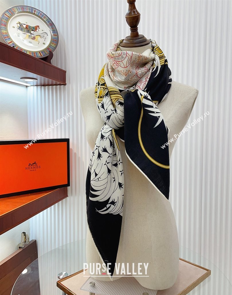 Hermes Embroidery Story Sqaure Shawl Scarf 140cm Black 2024 (A-240407024)