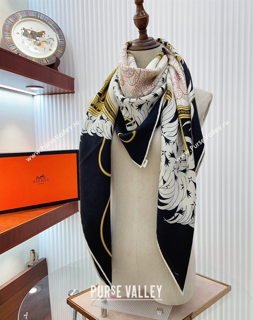 Hermes Embroidery Story Sqaure Shawl Scarf 140cm Black 2024 (A-240407024)