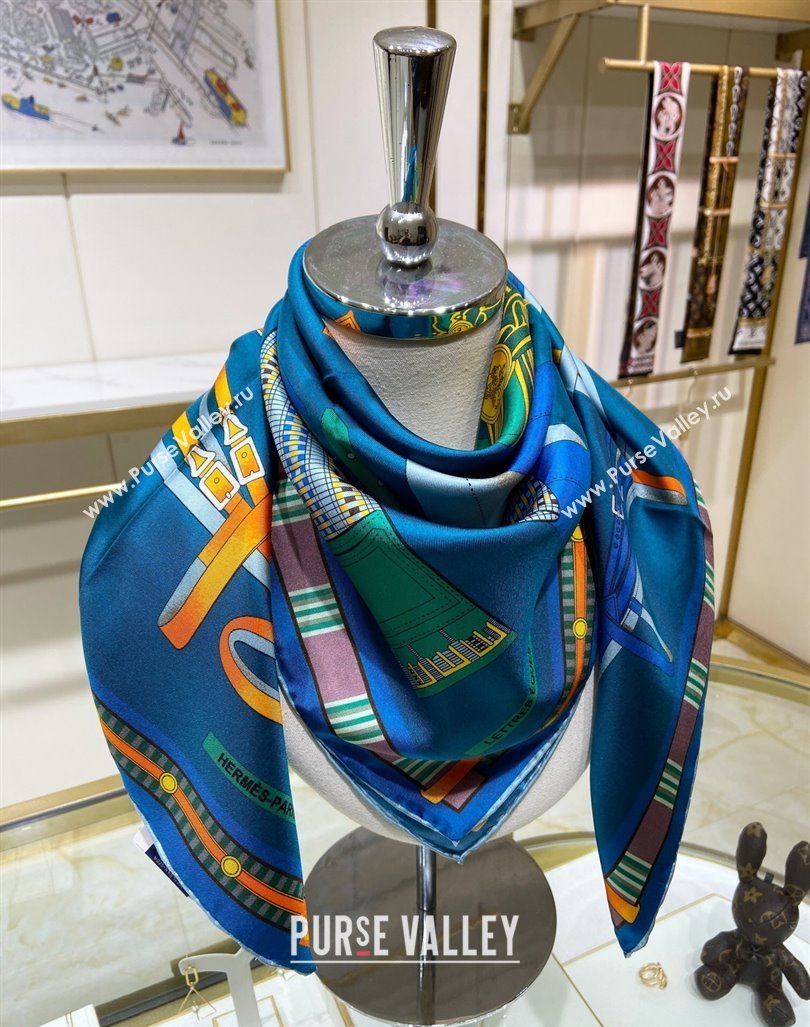 Hermes Lettres Equestre Sqaure Scarf 90x90cm Blue 2024 (A-240407002)