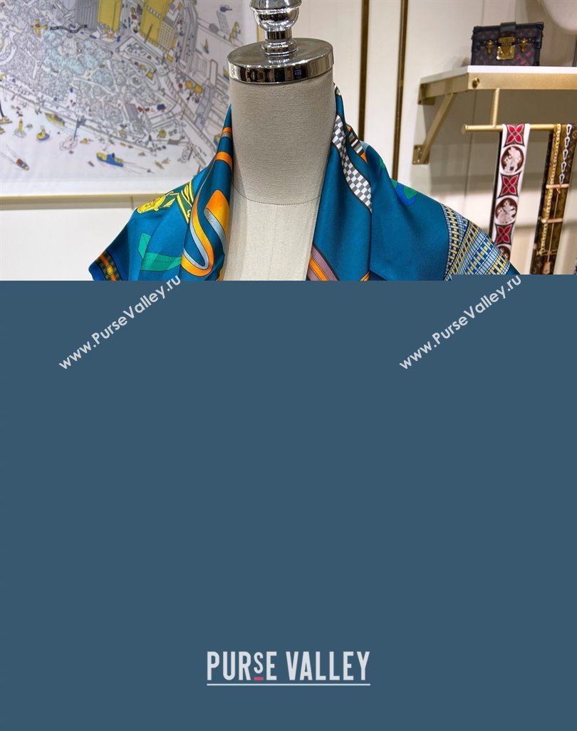 Hermes Lettres Equestre Sqaure Scarf 90x90cm Blue 2024 (A-240407002)