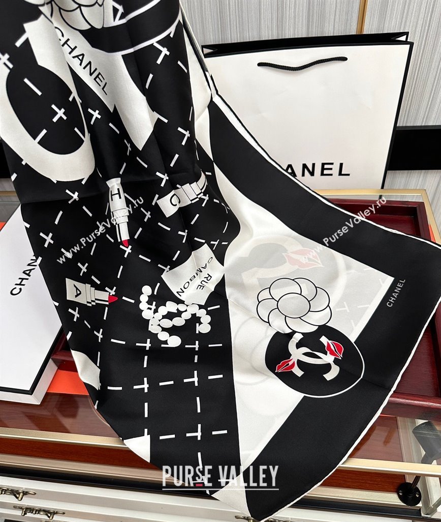 Chanel Camellia Silk Square Scarf 90x90cm Black 2024 040301 (A-240403162)