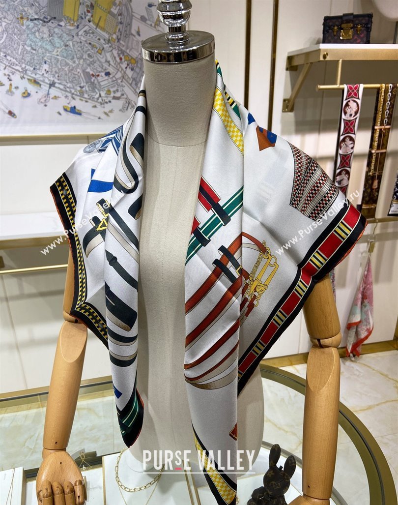 Hermes Lettres Equestre Sqaure Scarf 90x90cm White 2024 (A-240407003)