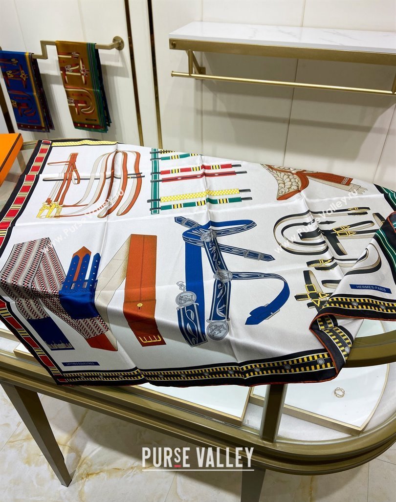 Hermes Lettres Equestre Sqaure Scarf 90x90cm White 2024 (A-240407003)