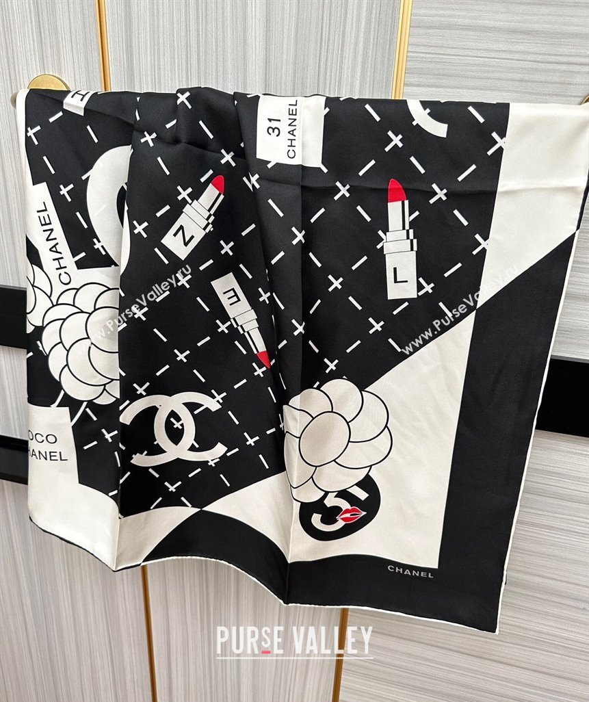 Chanel Camellia Silk Square Scarf 90x90cm Black 2024 040301 (A-240403162)