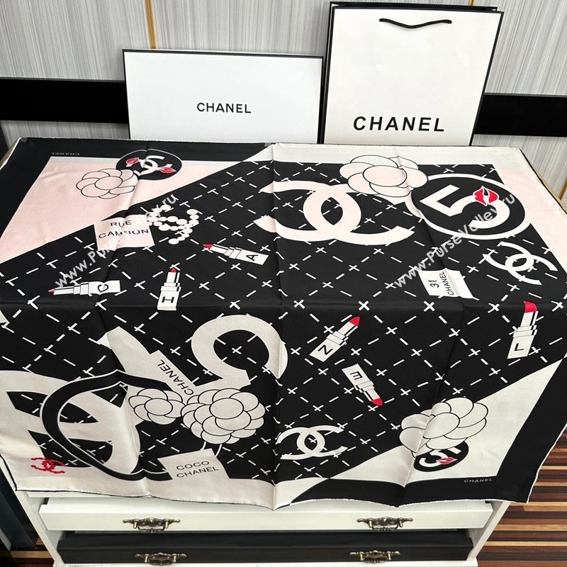 Chanel Camellia Silk Square Scarf 90x90cm Black 2024 040301 (A-240403162)