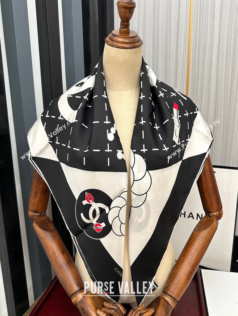 Chanel Camellia Silk Square Scarf 90x90cm Black 2024 040301 (A-240403162)