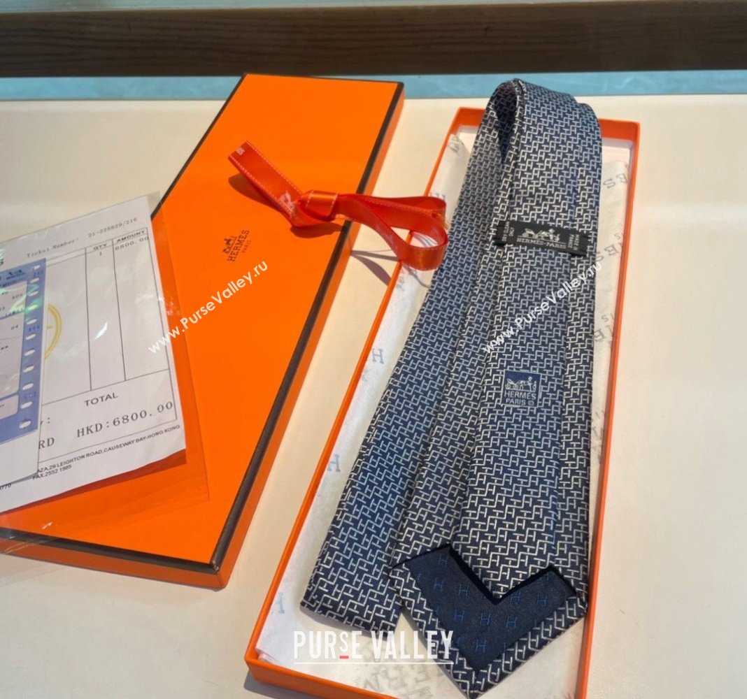 Hermes H Silk Tie Dark Blue 2024 040802 (A-240408050)