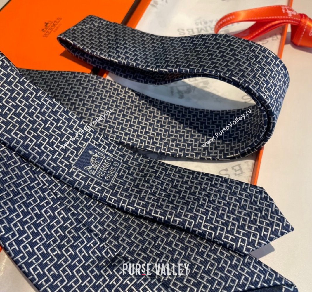 Hermes H Silk Tie Dark Blue 2024 040802 (A-240408050)
