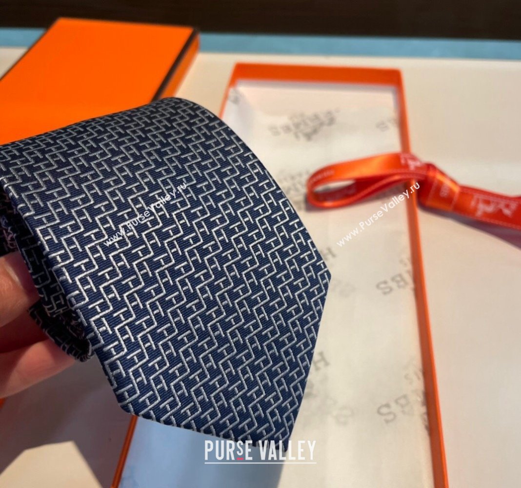Hermes H Silk Tie Dark Blue 2024 040802 (A-240408050)