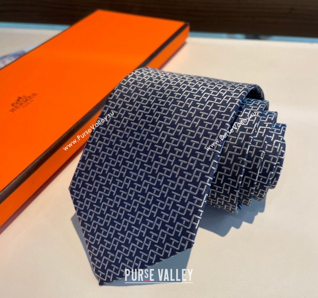 Hermes H Silk Tie Dark Blue 2024 040802 (A-240408050)
