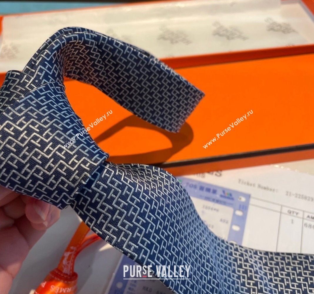 Hermes H Silk Tie Dark Blue 2024 040802 (A-240408050)