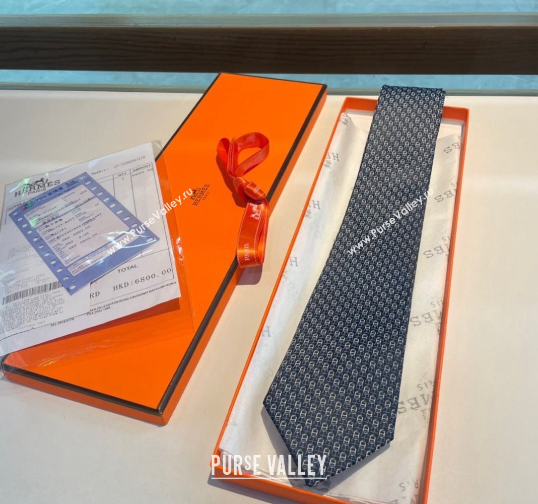 Hermes Chaine Silk Tie Dark Blue 2024 0408 (A-240408056)