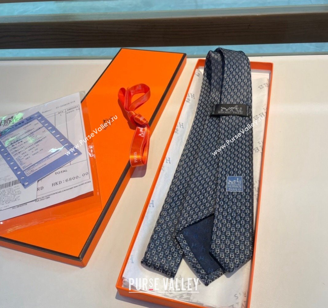 Hermes Chaine Silk Tie Dark Blue 2024 0408 (A-240408056)