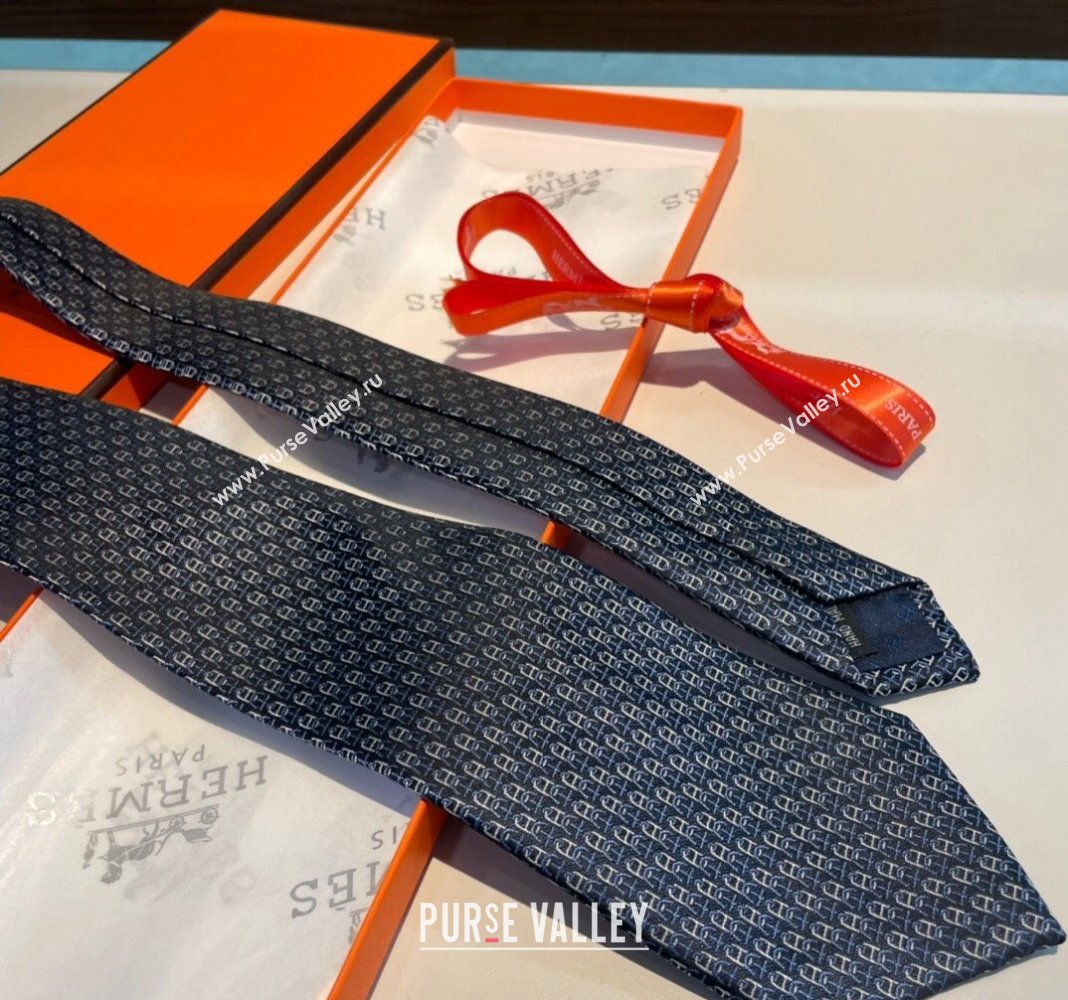 Hermes Chaine Silk Tie Dark Blue 2024 0408 (A-240408056)
