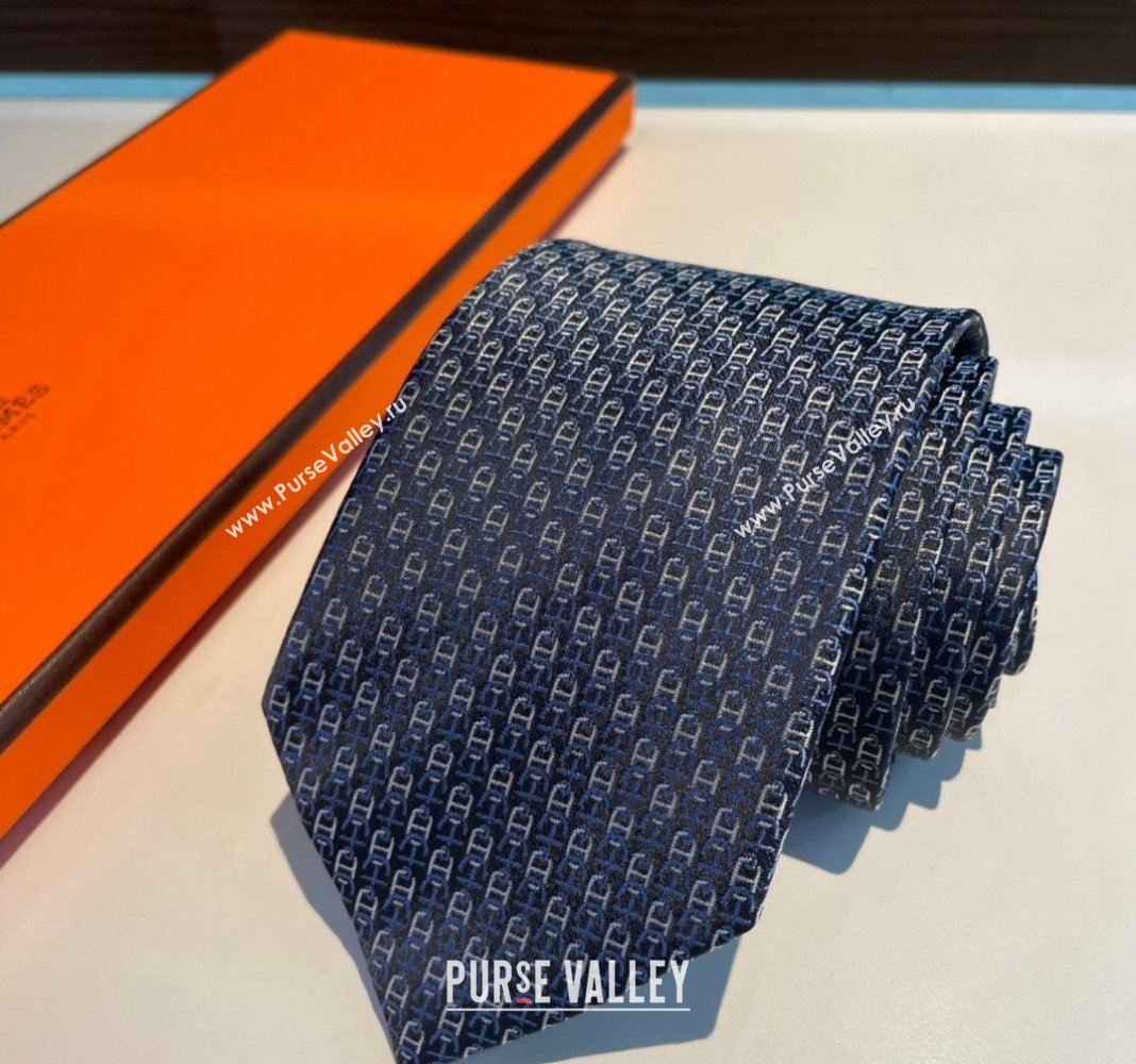 Hermes Chaine Silk Tie Dark Blue 2024 0408 (A-240408056)