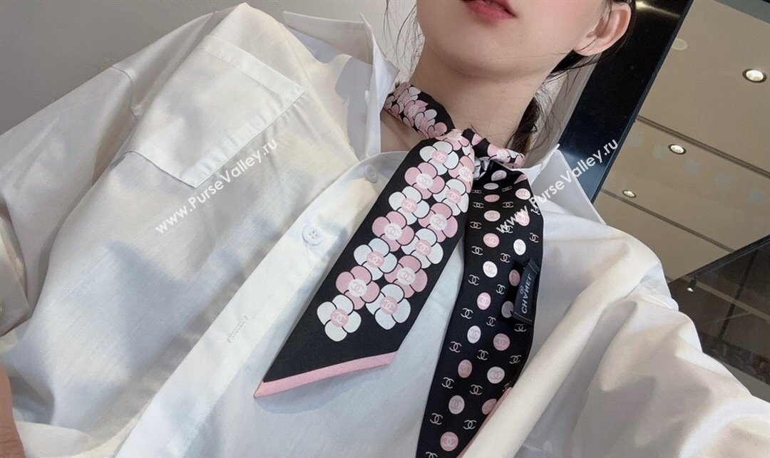 Chanel CC Bloom Silk Bandeau Scarf 6x120cm Black 2024 0407 (A-240407042)