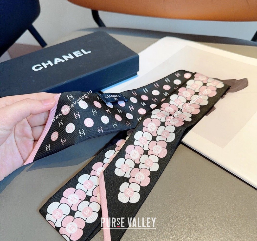 Chanel CC Bloom Silk Bandeau Scarf 6x120cm Black 2024 0407 (A-240407042)