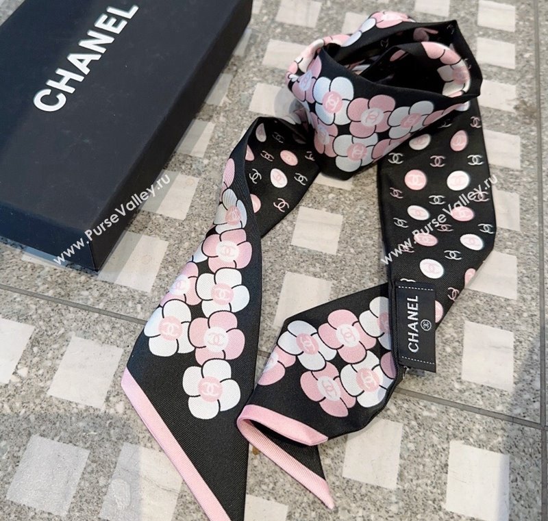 Chanel CC Bloom Silk Bandeau Scarf 6x120cm Black 2024 0407 (A-240407042)