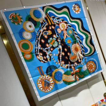 Hermes Cheval Mascotte Sqaure Scarf 90x90cm Blue 2024 (A-240407012)