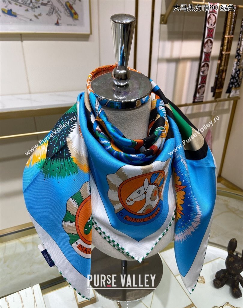 Hermes Cheval Mascotte Sqaure Scarf 90x90cm Blue 2024 (A-240407012)