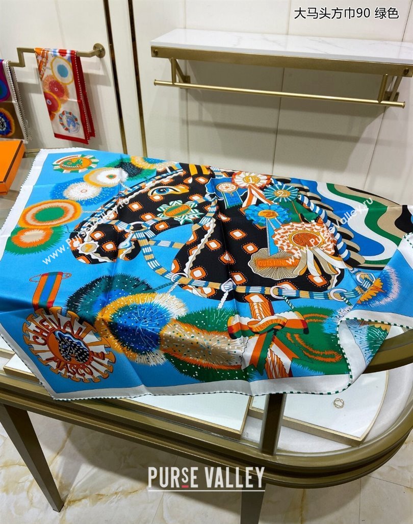 Hermes Cheval Mascotte Sqaure Scarf 90x90cm Blue 2024 (A-240407012)