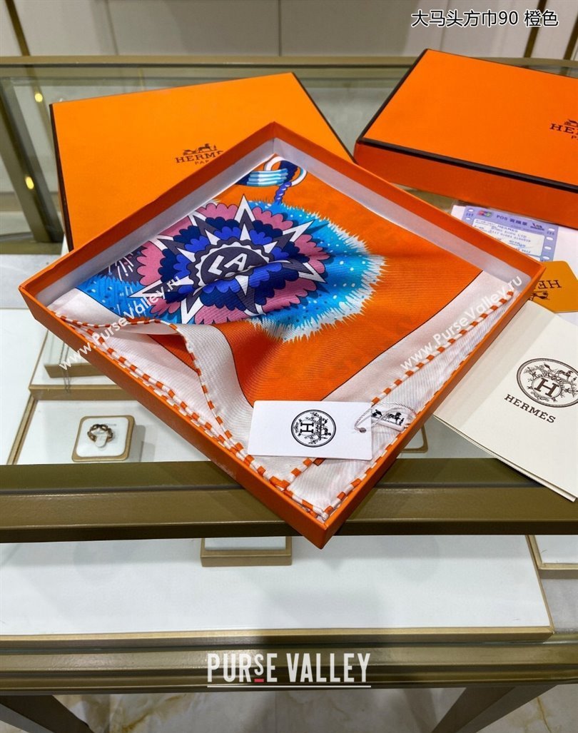Hermes Cheval Mascotte Sqaure Scarf 90x90cm Orange 2024 (A-240407013)